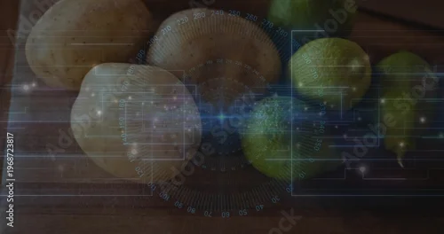 Fototapeta Displaying cluster of pale rounds and green pears resting on wooden cutting board, with HUD gauge