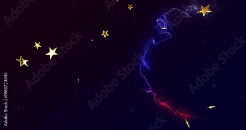 Curving nebula stream sweeping right across cosmic backdrop, showing gold star shapes, copy space