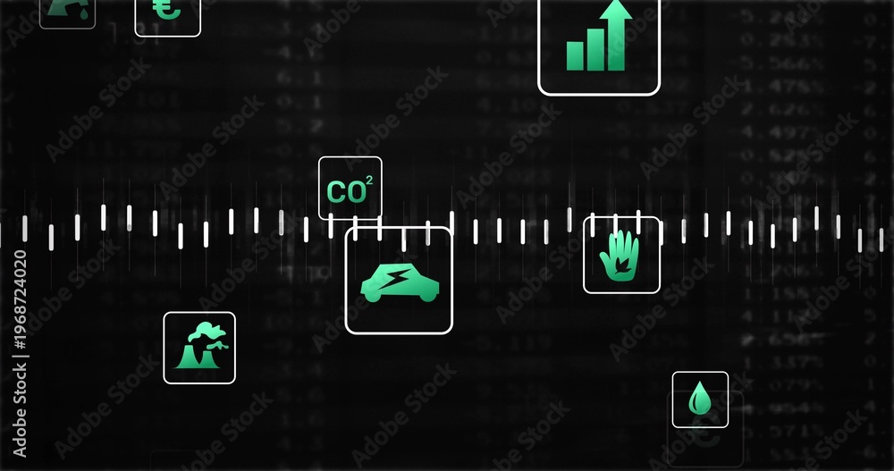 Fototapeta premium Displaying central waveform timeline on dashboard, showing teal EV car with bolt and CO2
