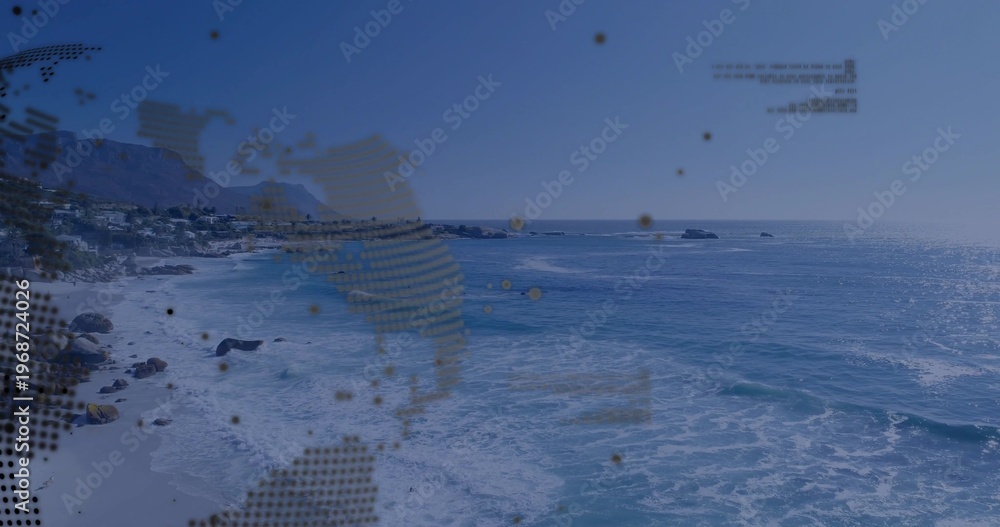 Fototapeta premium Breaking ocean waves sending white foam toward sandy beach by coastal houses, with halftone overlay