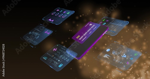 Floating angled purple phone showing overlaying purple tap card and holo UI panels in virtual dash