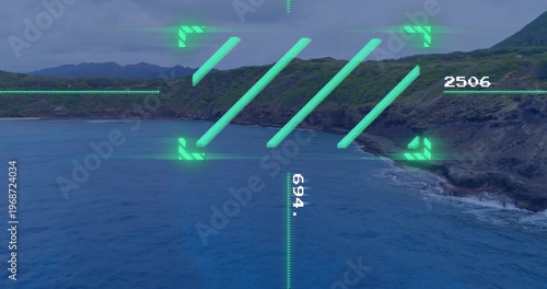 Surveying central ocean showing HUD overlay over coastal bay with numeric readouts 694 or 2506
