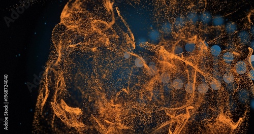 Swirling glowing orange particle cloud forming mesh ribbons and trails in void, pale blue bokeh