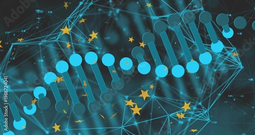 Displaying stylized DNA helix spanning data network, showing cyan nodes, teal bars, gold stars
