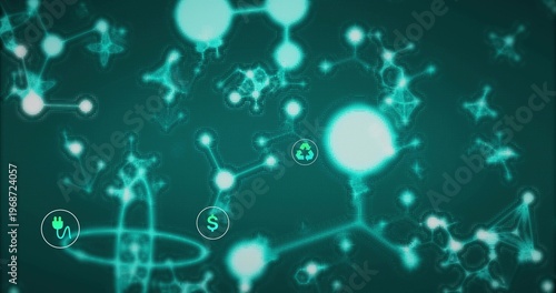 Glowing prominent round node linking nodes in digital art, showing power plug dollar recycle icons