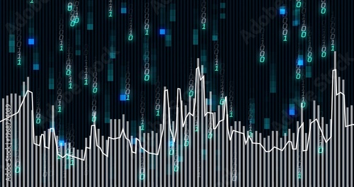 Displaying central bar chart with jagged white line in dark digital, binary digits and teal squares