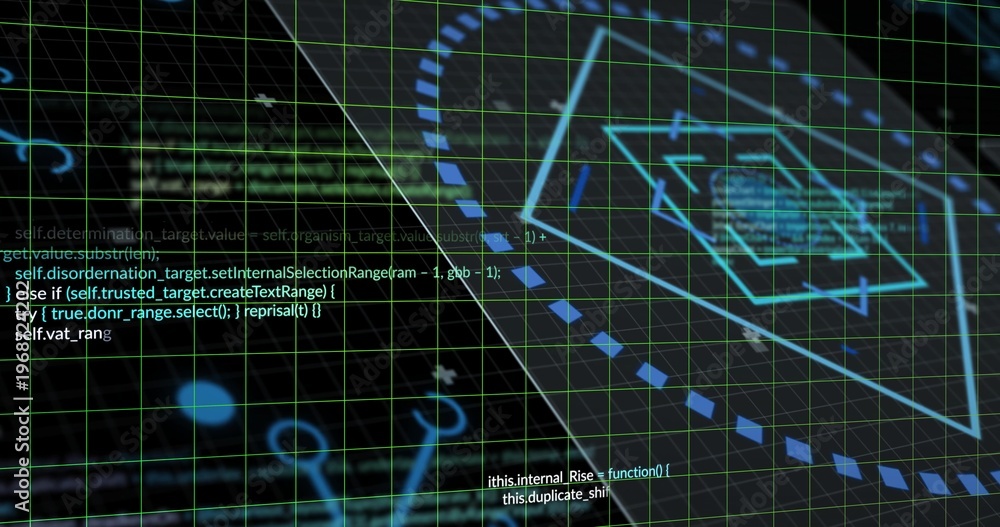 Obraz premium Showing angled green grid plane in digital HUD tracing cyan hex target, dashed path, glowing nodes