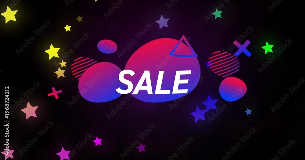 Fototapeta premium Displaying bold SALE text over black backdrop, with three magenta-purple-blue blobs and stars