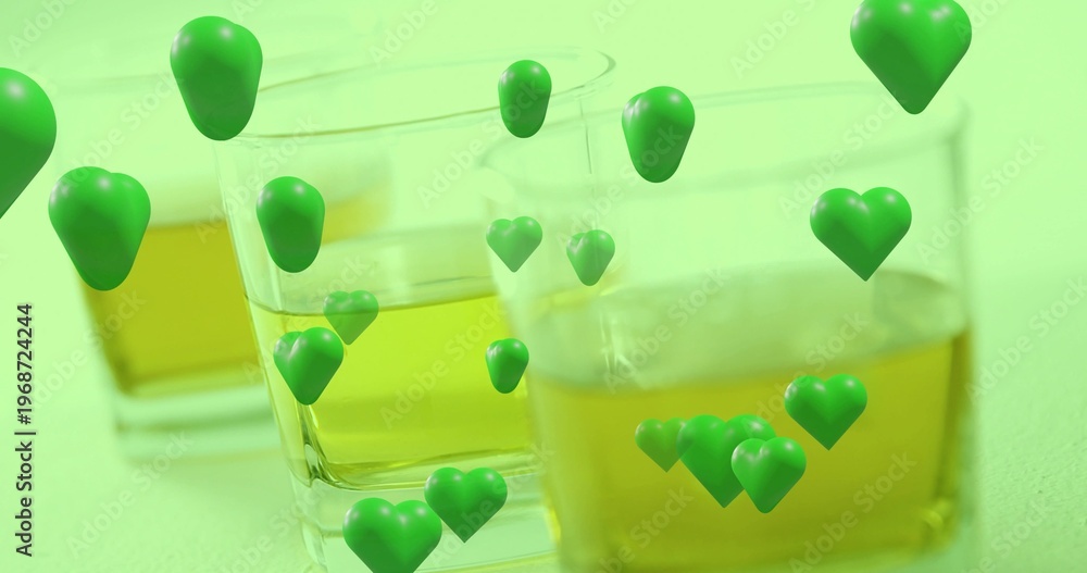 Obraz premium Displaying three square glass tumblers holding amber liquid on studio table, with green hearts