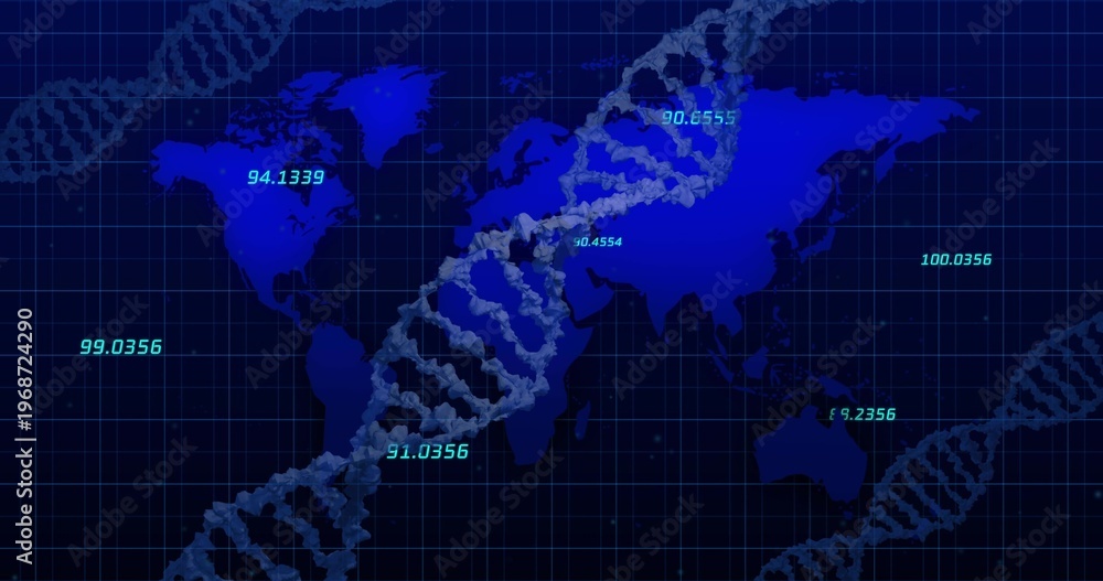 Obraz premium Displaying textured DNA helix crossing world map over navy grid, showing cyan numeric readouts