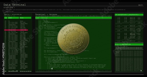 Displaying metallic gold NFT coin centered on terminal, showing code pane, left list, right hex