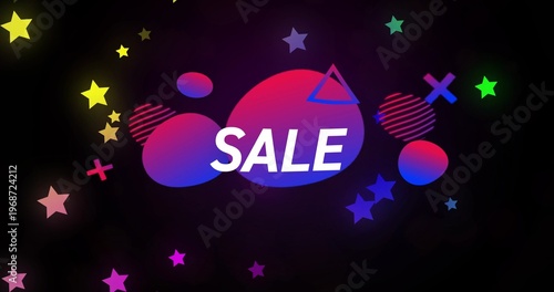 Displaying bold SALE text over black backdrop, with three magenta-purple-blue blobs and stars