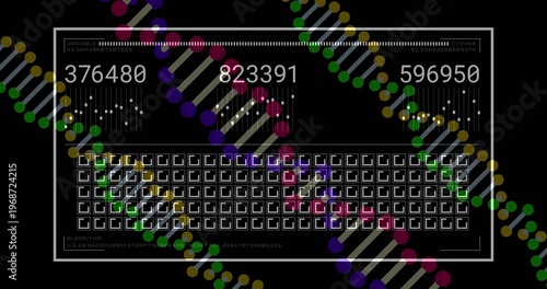 Displaying white-framed panel showing three numeric counters on black field with helix motifs