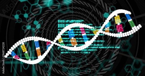 Twisting DNA helix bridging biotech and cybersecurity in radial tunnel, showing code, hex grid, ECG