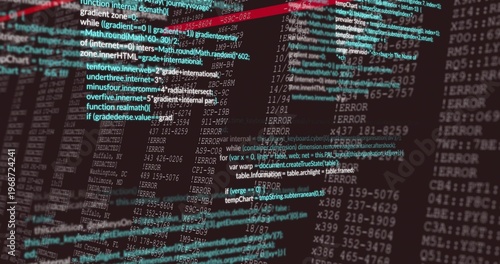 Displaying source code overlay on dev screen at desk, with ERROR columns, teal highlights, red bar
