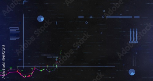 Displaying candlestick chart with magenta line on dark trading dashboard, showing pie icons, axis