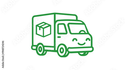 Green Delivery Truck Vector Icon with Smiling Face and Package Box Symbol, Minimalist Flat Line Art Illustration for E-commerce Shipping, Logistics, and Express Courier Service Concepts.