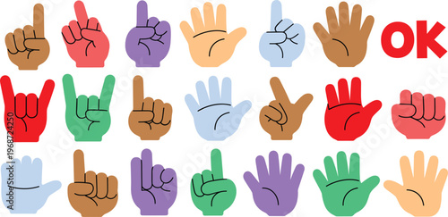 Colorful hand gesture icon set featuring diverse skin tones with thumbs up pointing rock on and okay signs for social media communication and user interface design
