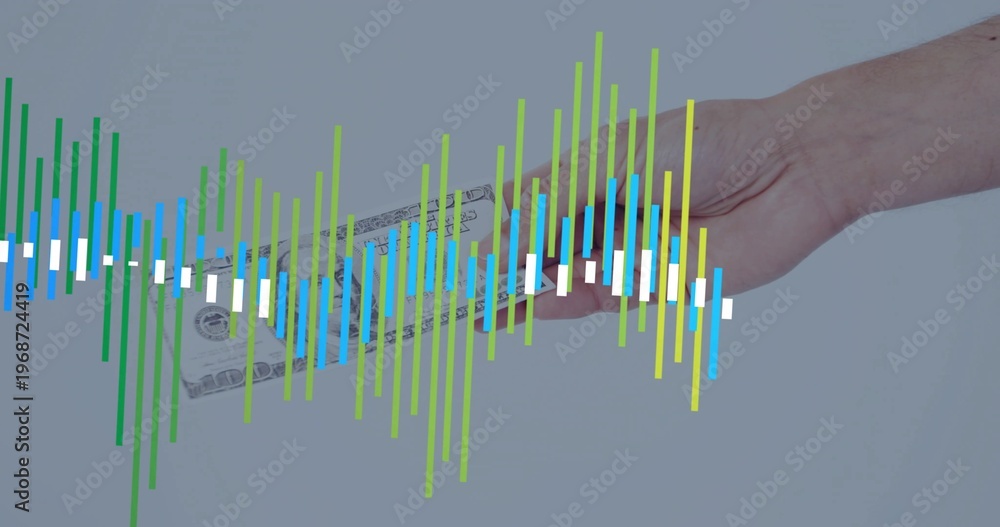 Fototapeta premium Showing bare forearm holding folded US dollar bill at right, waveform overlapping, copy space