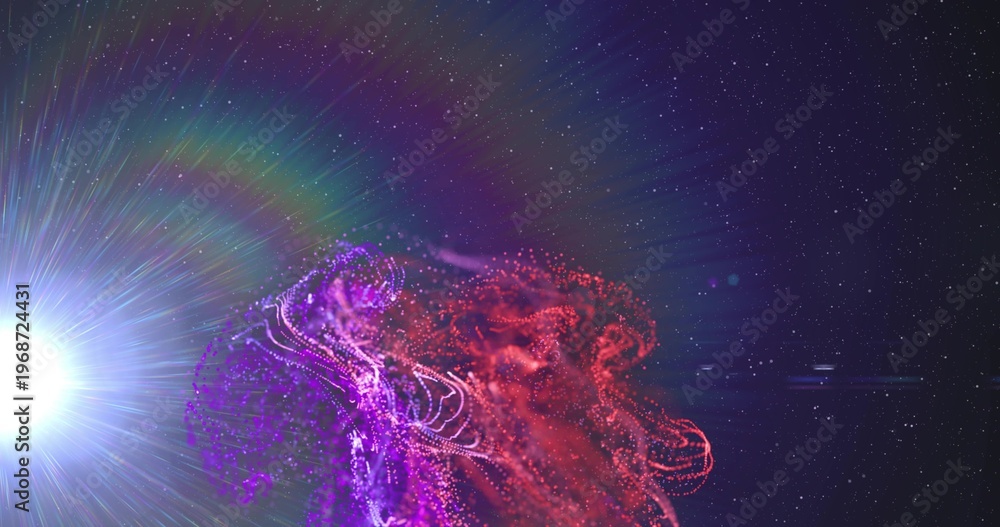 Fototapeta premium Intertwining purple and red particle ribbons flowing in deep space, with white flare halo