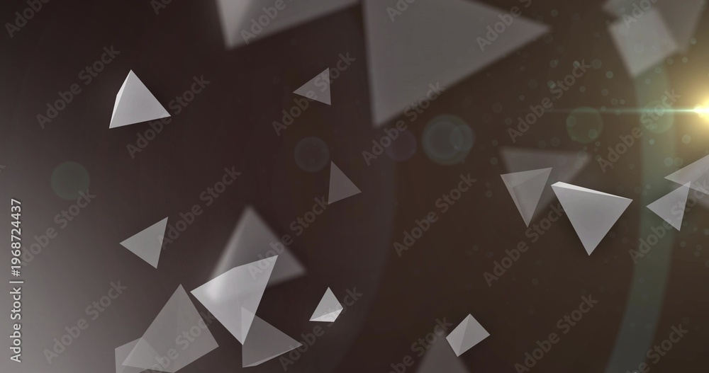 Obraz premium Floating translucent triangular prisms and flat planes forming depth in dark studio with lens flare