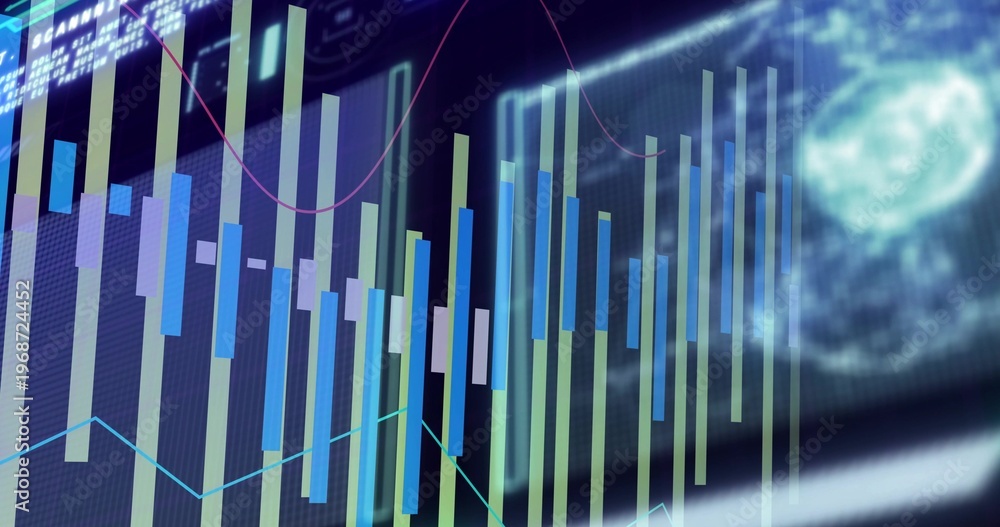 Fototapeta premium Displaying blue green candlestick bars with cyan magenta line graphs on translucent HUD, with code