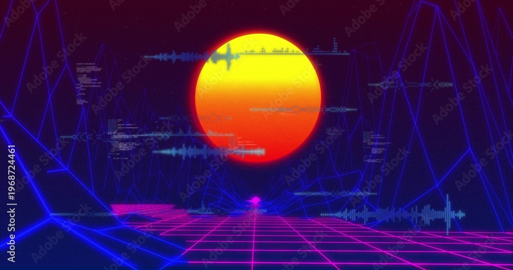 Fototapeta premium Glowing large stylized sun dominating horizon, lighting magenta neon grid and blue wireframe peaks