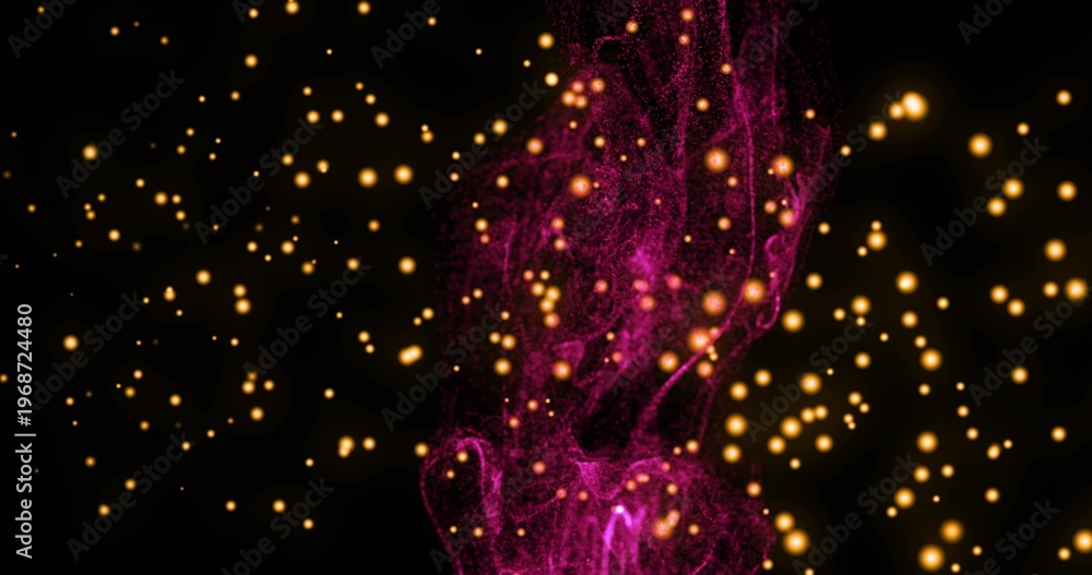 Fototapeta premium Rising magenta nebula ribbon streaming upward in dark void backdrop, with glowing golden spheres