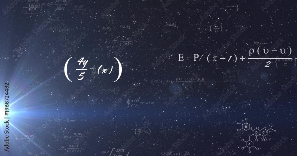Obraz premium Displaying white math equations and long formula over deep space, lens flare and molecule diagram