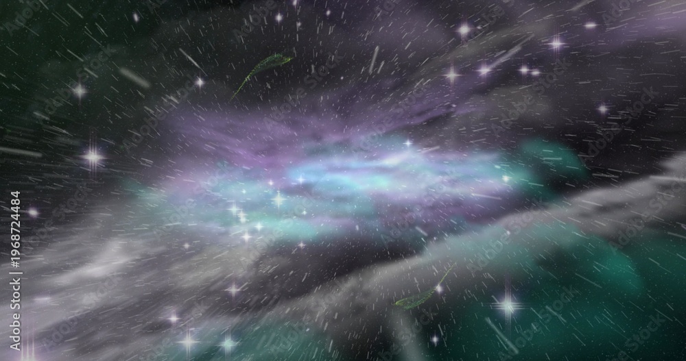 Fototapeta premium Showing central luminous nebula stretching in deep space, with bright flare spikes, radial streaks