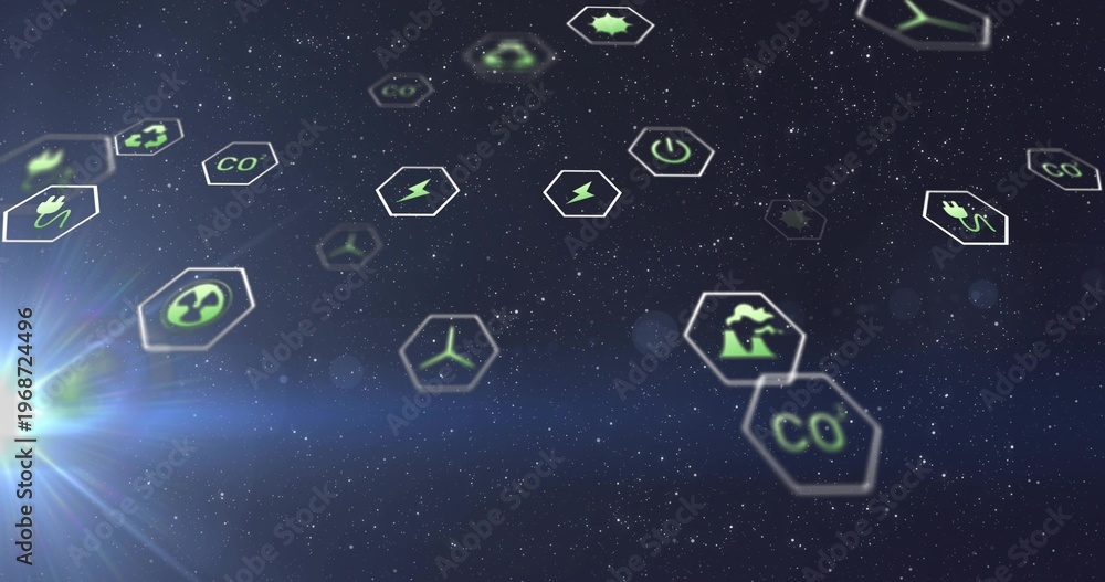 Fototapeta premium Floating cluster of hex tiles showing wind turbine, CO icons in starfield with lower-left flare
