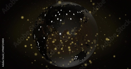 Spinning digital globe showing pixelated surface with city lights and golden bokeh in dark space