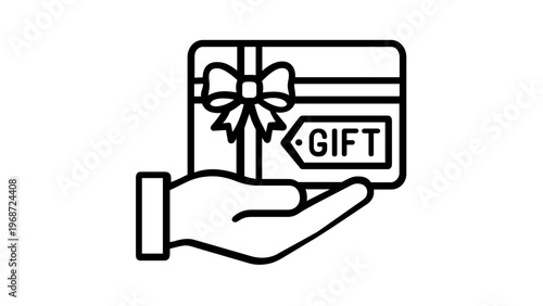 Hand holding a gift card vector icon illustration featuring a decorative ribbon bow and a tag labeled GIFT, minimalist line art for retail, shopping, commerce, and digital voucher concepts.