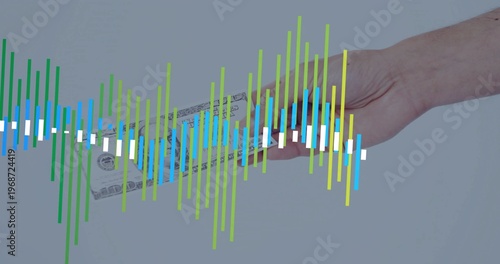 Showing bare forearm holding folded US dollar bill at right, waveform overlapping, copy space