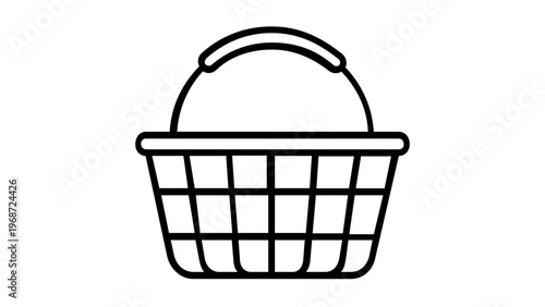 Shopping basket vector icon illustration featuring a minimalist black line art design of a grocery basket with a sturdy handle. Scalable flat graphic for e-commerce, retail, and online shopping.