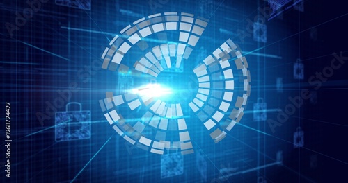 Pulsing central segmented HUD glowing with central flare in data tunnel, showing padlock icons