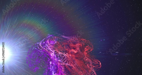 Intertwining purple and red particle ribbons flowing in deep space, with white flare halo