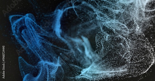 Swirling luminous particle cloud forming ribbon-shaped waves in black void, with misty trails