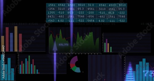 Showing central green chart, top numeric table on screen with bars, donut, purple glow