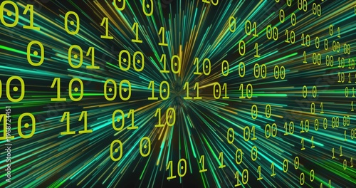 Streaming neon bits and radial streaks forming virtual data tunnel, glowing highlights pulsing