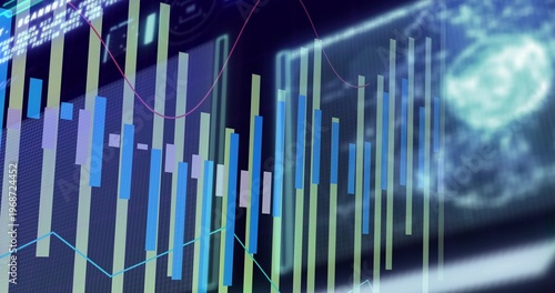 Displaying blue green candlestick bars with cyan magenta line graphs on translucent HUD, with code