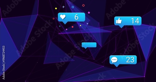 Floating blue speech bubbles showing heart 6, thumbs-up 14, comment 23 over purple polygon network