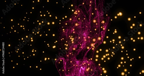Rising magenta nebula ribbon streaming upward in dark void backdrop, with glowing golden spheres