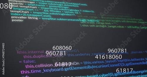 Displaying syntax-highlighted source code block on developer screen, with overlaid numeric markers
