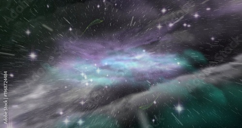 Showing central luminous nebula stretching in deep space, with bright flare spikes, radial streaks
