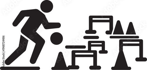 Black vector silhouette of person playing obstacle course, cones, hurdles, athletic training, sports icons