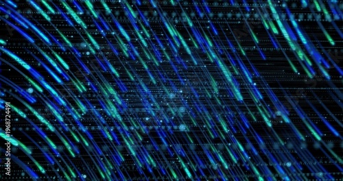 Flowing neon blue teal light streaks sweeping diagonally across deep black void with dot grid orbs