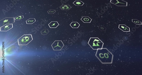 Floating cluster of hex tiles showing wind turbine, CO icons in starfield with lower-left flare
