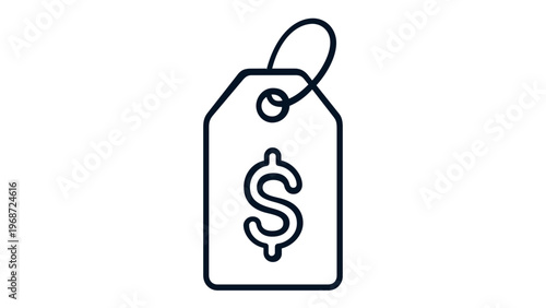 Minimalist vector icon illustration of a retail price tag featuring a dollar sign symbol. Clean black line art design for e-commerce, shopping, sales, finance, and commercial business interfaces.