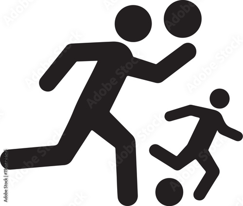 Black silhouette sports icons, soccer player and kid, running, kicking ball